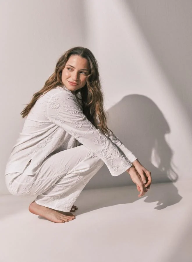 women'secret  Long satin jacquard shirt pyjamas in White for Women | Best Price UAE